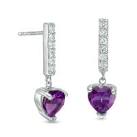 6.0mm Heart-Shaped Amethyst and Lab-Created White Sapphire Drop Earrings in Sterling Silver