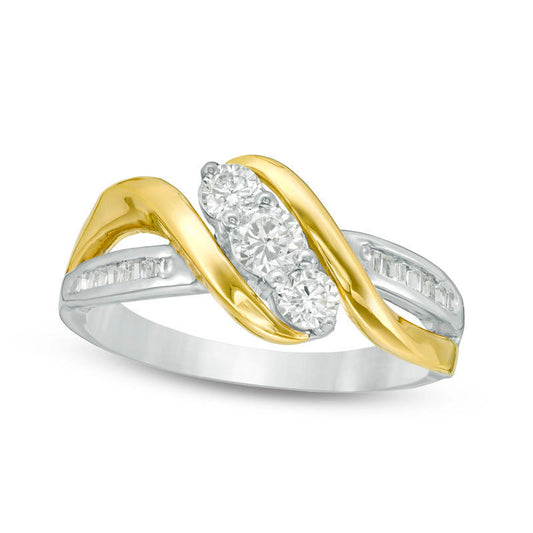 0.50 CT. T.W. Baguette and Round Natural Diamond Three Stone Bypass Ring in Solid 10K Two-Tone Gold