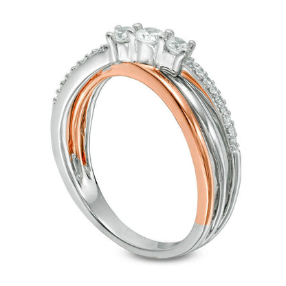 0.33 CT. T.W. Natural Diamond Three Stone Crossover Ring in Solid 10K Two-Tone Gold