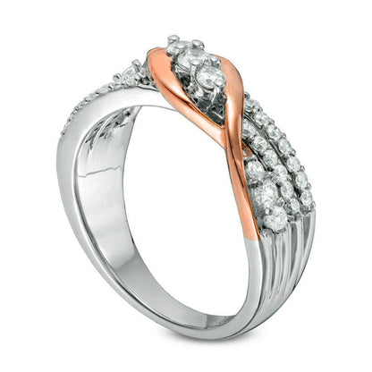 0.50 CT. T.W. Natural Diamond Three Stone Twist Crossover Ring in Solid 10K Two-Tone Gold
