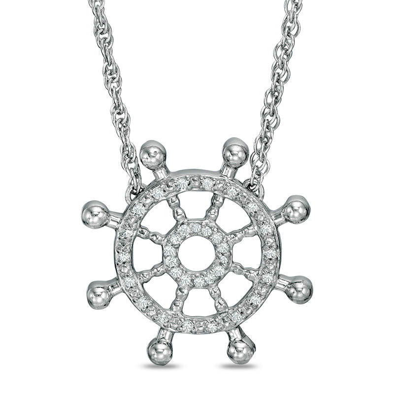 Natural Diamond Accent Nautical Boat Wheel Necklace in Sterling Silver - 17.5"
