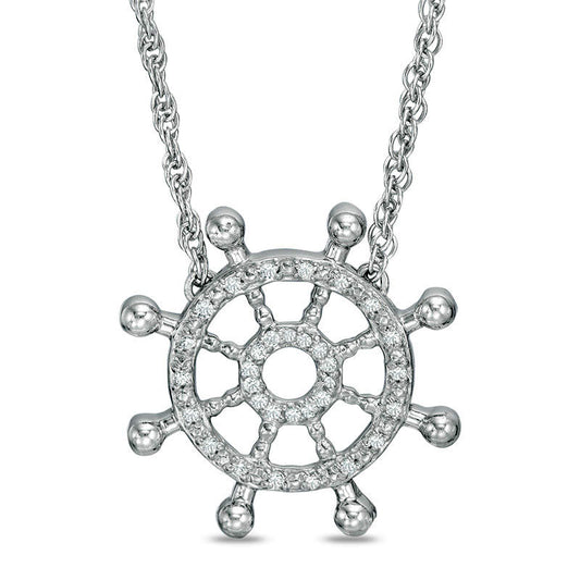 Natural Diamond Accent Nautical Boat Wheel Necklace in Sterling Silver - 17.5"