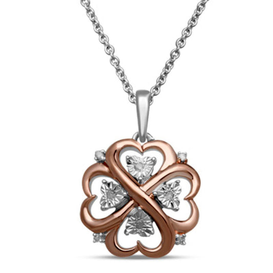 Natural Diamond Accent Heart-Shaped Four Leaf Clover Pendant in Sterling Silver with 14K Rose Gold Plate