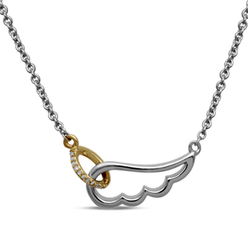 Natural Diamond Accent Interlocking Wing and Halo Necklace in Sterling Silver with 14K Gold Plate