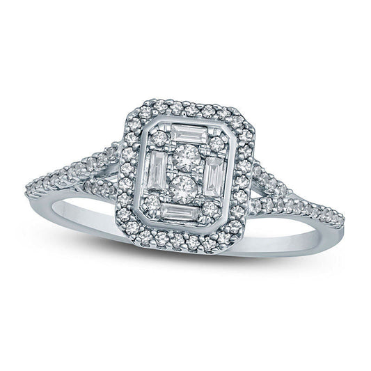 0.33 CT. T.W. Composite Baguette and Round Natural Diamond Octagon Frame Split Shank Ring in Solid 10K White Gold