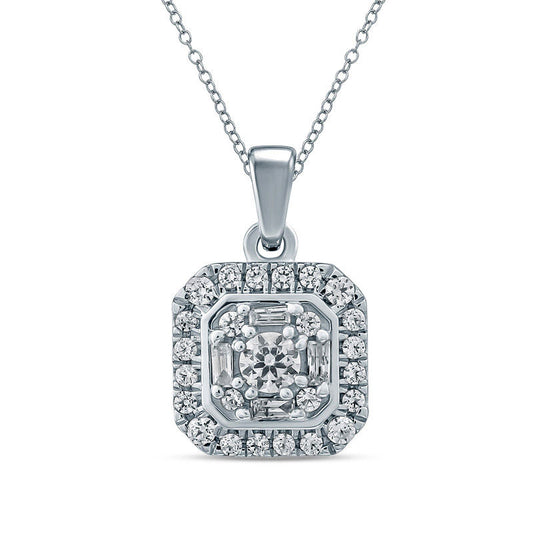 0.25 CT. T.W. Composite Baguette and Round Natural Diamond Octagon Frame Pendant in 10K White Gold