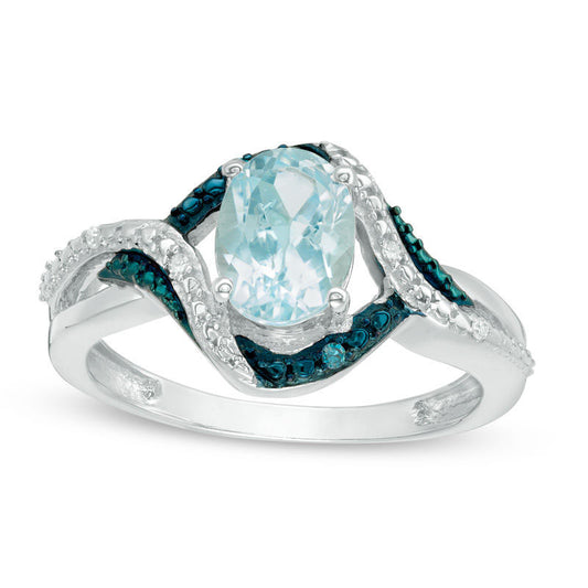 Oval Blue Topaz and Enhanced Blue and White Natural Diamond Accent Beaded Swirl Frame Ring in Sterling Silver