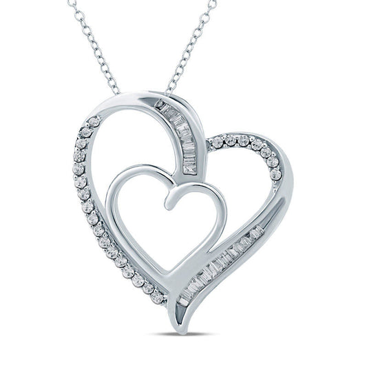 0.17 CT. T.W. Baguette and Round Natural Diamond Double Heart Pendant in Sterling Silver