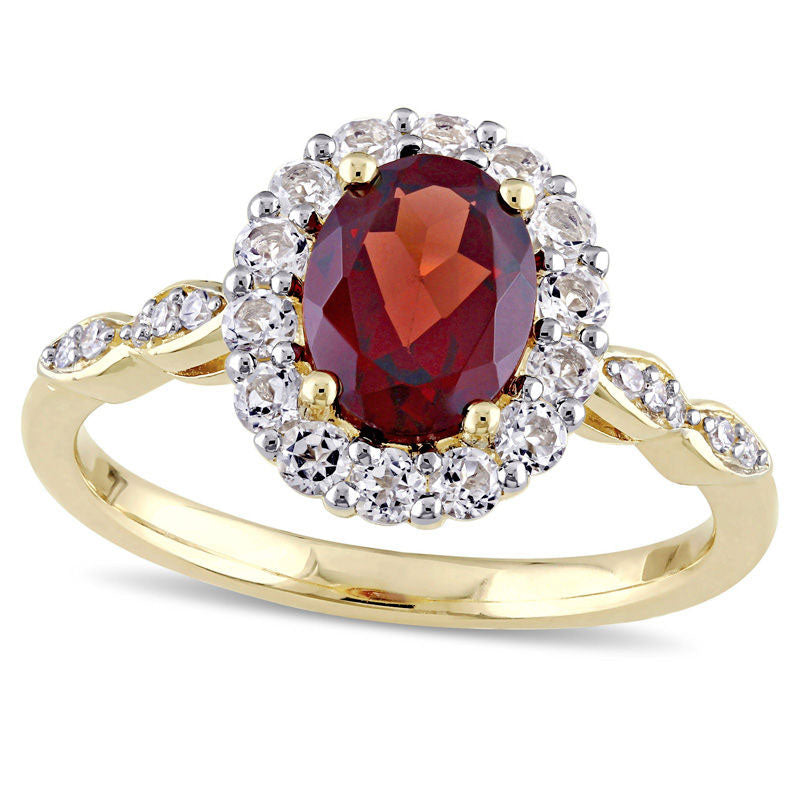 Oval Garnet, White Topaz and Natural Diamond Accent Frame Ring in Solid 14K Gold