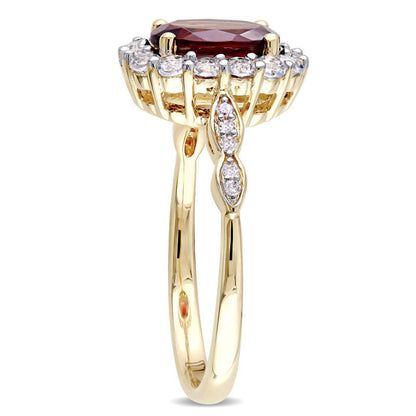 Oval Garnet, White Topaz and Natural Diamond Accent Frame Ring in Solid 14K Gold