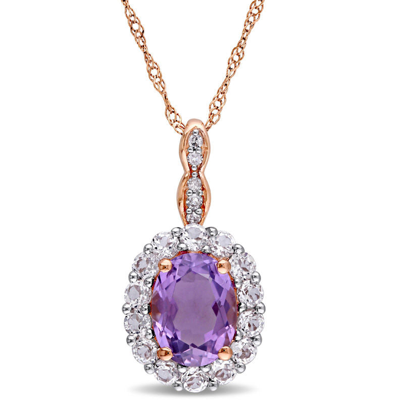 Oval Amethyst, White Topaz and Natural Diamond Accent Frame Pendant in 14K Rose Gold – 17"