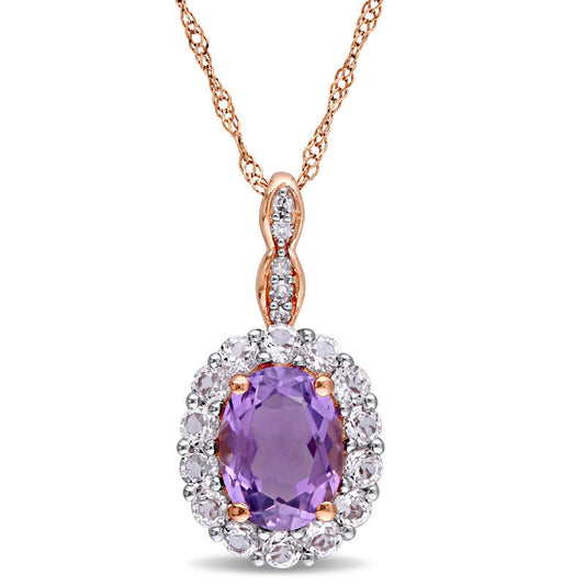 Oval Amethyst, White Topaz and Natural Diamond Accent Frame Pendant in 14K Rose Gold – 17"