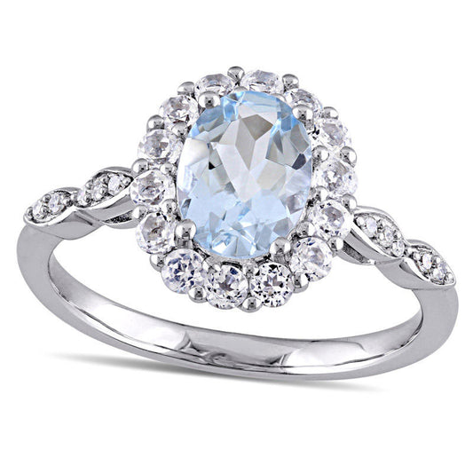 Oval Aquamarine, White Topaz and Natural Diamond Accent Frame Ring in Solid 14K White Gold