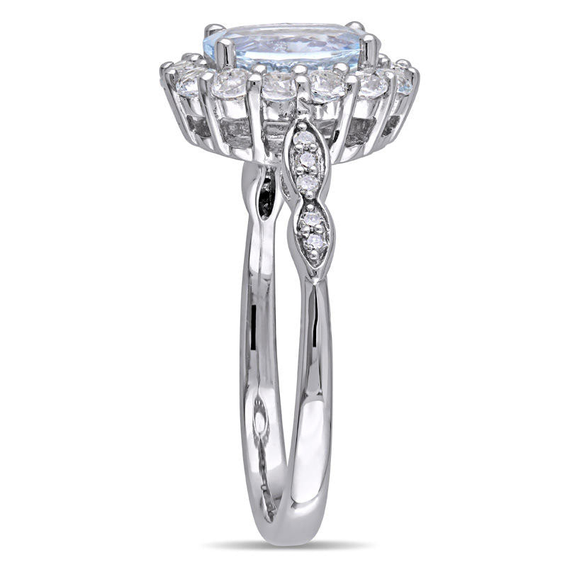 Oval Aquamarine, White Topaz and Natural Diamond Accent Frame Ring in Solid 14K White Gold