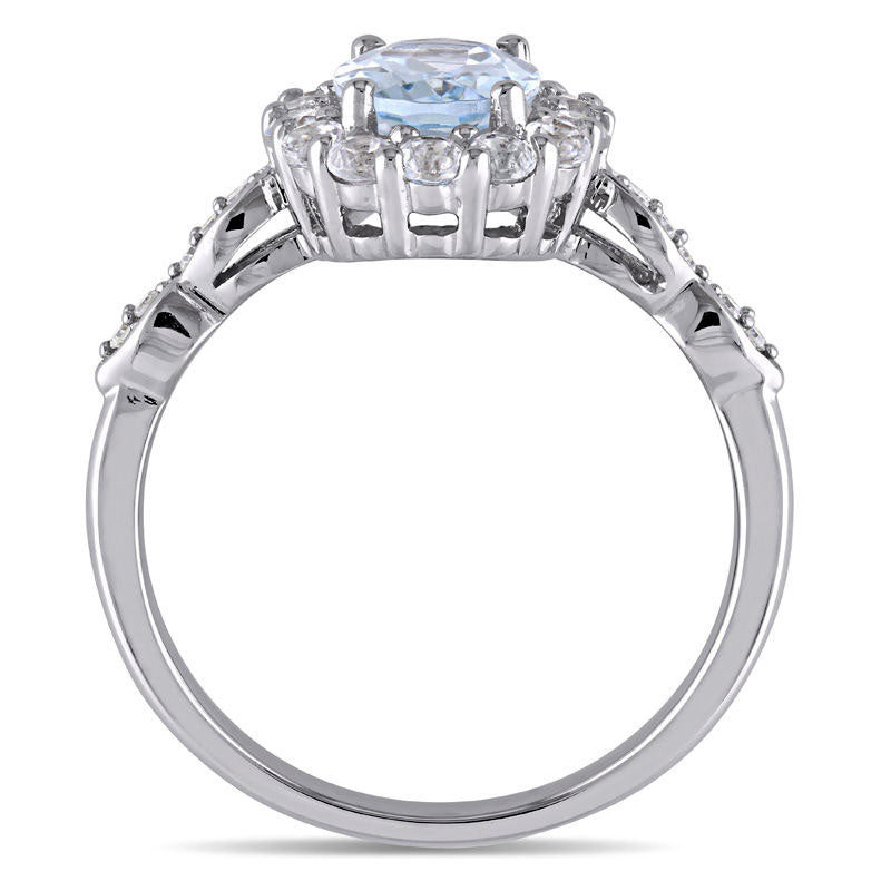 Oval Aquamarine, White Topaz and Natural Diamond Accent Frame Ring in Solid 14K White Gold