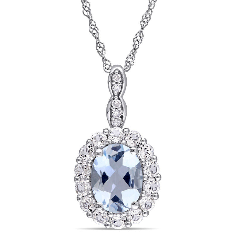 Oval Aquamarine, White Topaz and Natural Diamond Accent Frame Pendant in 14K White Gold – 17"