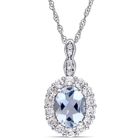 Oval Aquamarine, White Topaz and Natural Diamond Accent Frame Pendant in 14K White Gold – 17"