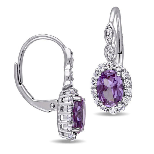 Oval Lab-Created Alexandrite, White Topaz and Diamond Accent Frame Drop Earrings in 14K White Gold