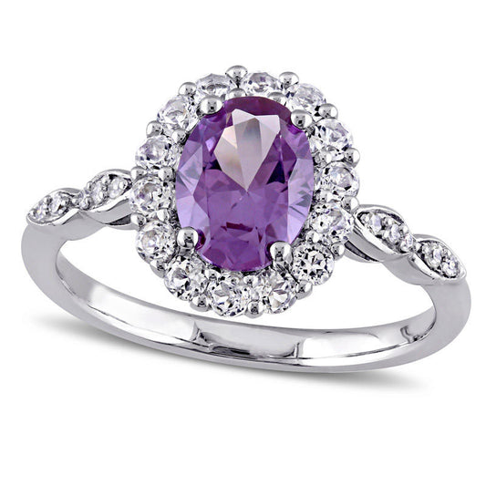 Oval Lab-Created Alexandrite, White Topaz and Diamond Accent Frame Ring in Solid 14K White Gold