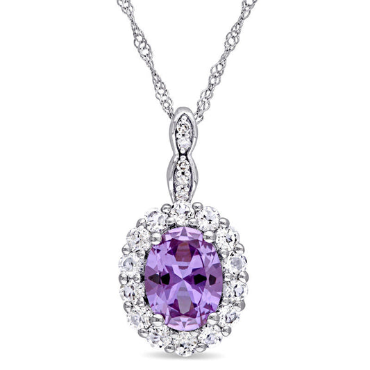 Oval Lab-Created Alexandrite, White Topaz and Diamond Accent Frame Pendant in 14K White Gold – 17"
