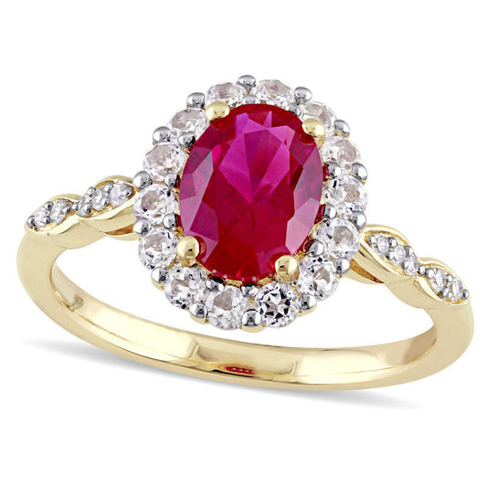 Oval Lab-Created Ruby, White Topaz and Diamond Accent Frame Ring in Solid 14K Gold