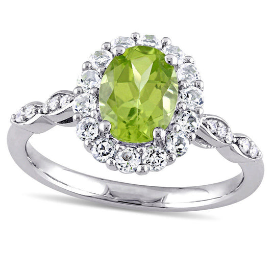 Oval Peridot, White Topaz and Natural Diamond Accent Frame Ring in Solid 14K White Gold
