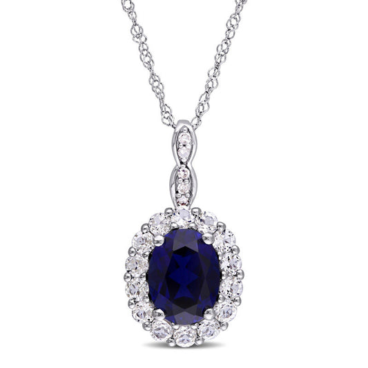 Oval Lab-Created Blue Sapphire, White Topaz and Diamond Accent Frame Pendant in 14K White Gold – 17"