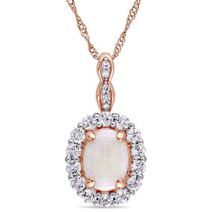 Oval Opal, White Topaz and Natural Diamond Accent Frame Pendant in 14K Rose Gold – 17"