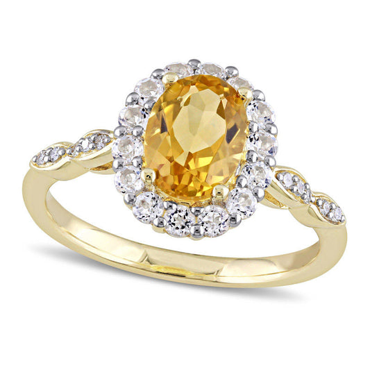 Oval Citrine, White Topaz and Natural Diamond Accent Frame Ring in Solid 14K Gold