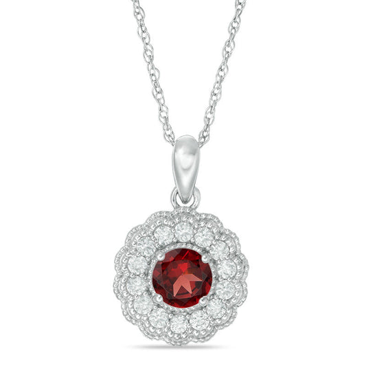 6.0mm Garnet and Lab-Created White Sapphire Flower Pendant in Sterling Silver