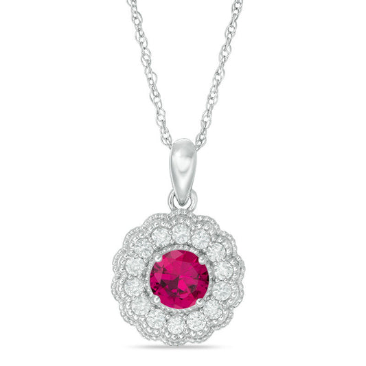6.0mm Lab-Created Ruby and White Sapphire Flower Pendant in Sterling Silver