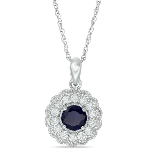 6.0mm Lab-Created Blue and White Sapphire Flower Pendant in Sterling Silver