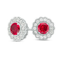 5.0mm Lab-Created Ruby and White Sapphire Flower Stud Earrings in Sterling Silver