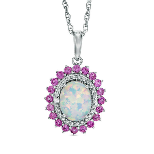 Oval Lab-Created Opal with Pink and White Sapphire Flower Frame Pendant in Sterling Silver
