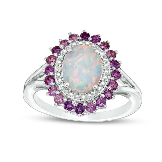 Oval Lab-Created Opal, Amethyst and White Sapphire Flower Frame Ring in Sterling Silver