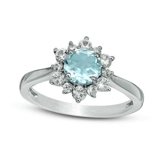 6.0mm Aquamarine and Lab-Created White Sapphire Sunburst Ring in Sterling Silver
