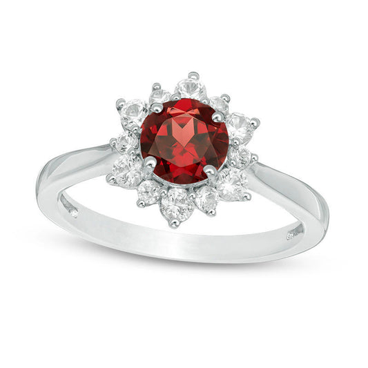 6.0mm Garnet and Lab-Created White Sapphire Sunburst Ring in Sterling Silver
