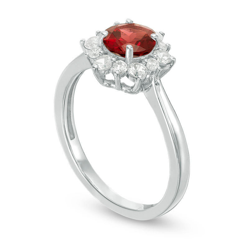 6.0mm Garnet and Lab-Created White Sapphire Sunburst Ring in Sterling Silver