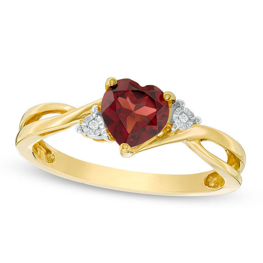6.0mm Heart-Shaped Garnet and Natural Diamond Accent Split Shank Ring in Solid 10K Yellow Gold