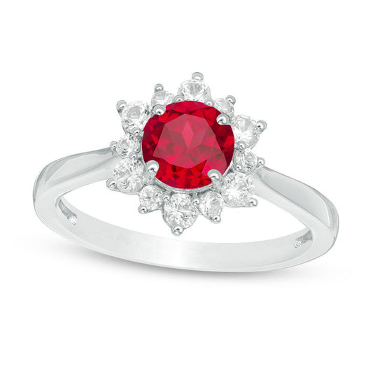 6.0mm Lab-Created Ruby and White Sapphire Sunburst Ring in Sterling Silver