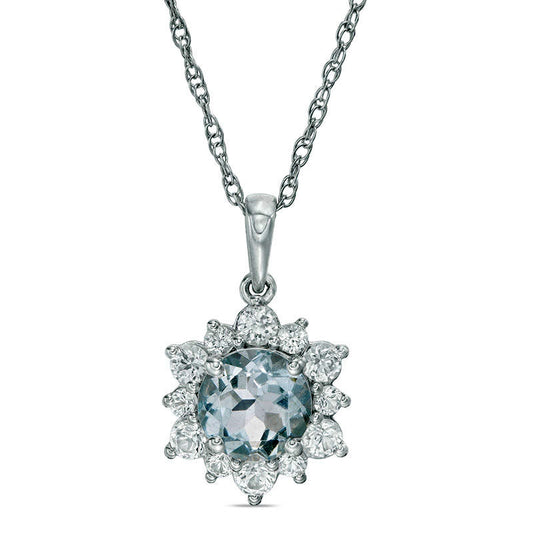 7.0mm Aquamarine and Lab-Created White Sapphire Sunburst Pendant in Sterling Silver