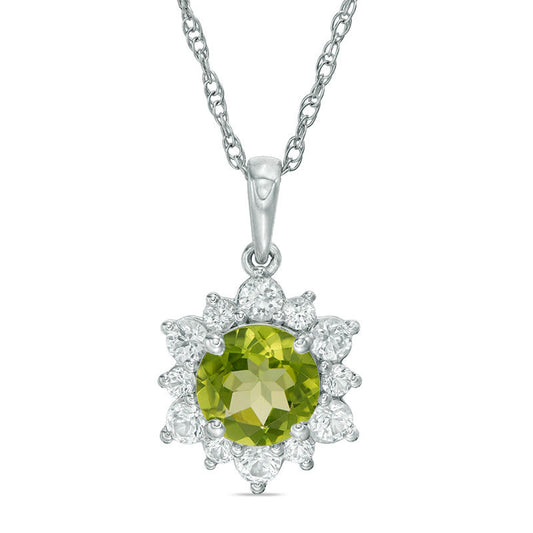 7.0mm Peridot and Lab-Created White Sapphire Sunburst Pendant in Sterling Silver