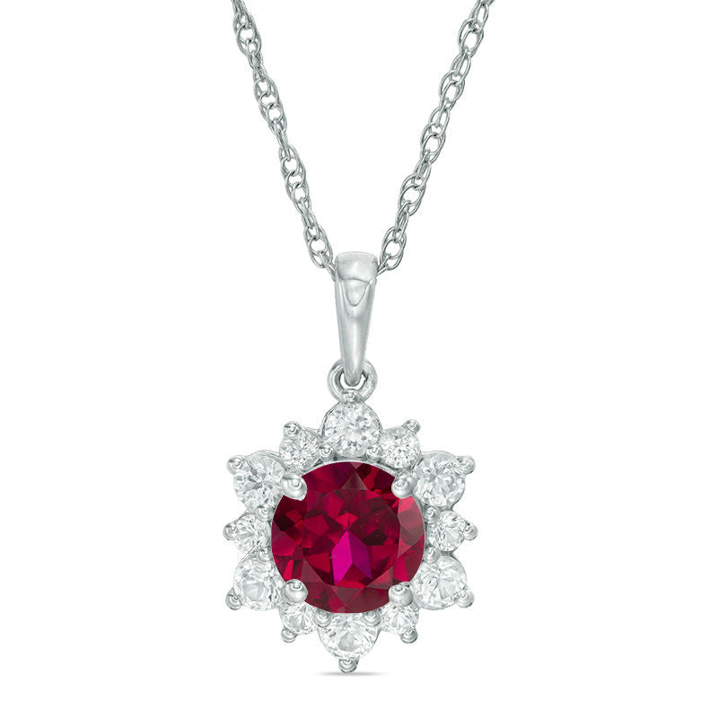 7.0mm Lab-Created Ruby and White Sapphire Sunburst Pendant in Sterling Silver
