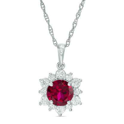 7.0mm Lab-Created Ruby and White Sapphire Sunburst Pendant in Sterling Silver