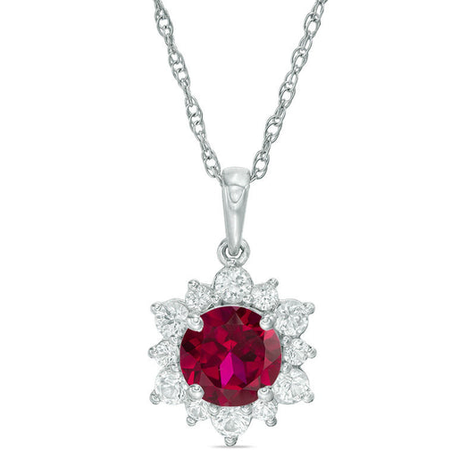 7.0mm Lab-Created Ruby and White Sapphire Sunburst Pendant in Sterling Silver