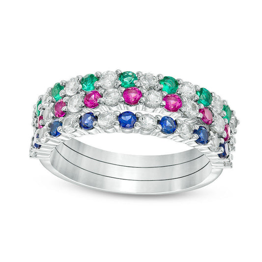 Lab-Created Emerald, Ruby, Blue and White Sapphire Three Piece Stackable Ring Set in Sterling Silver