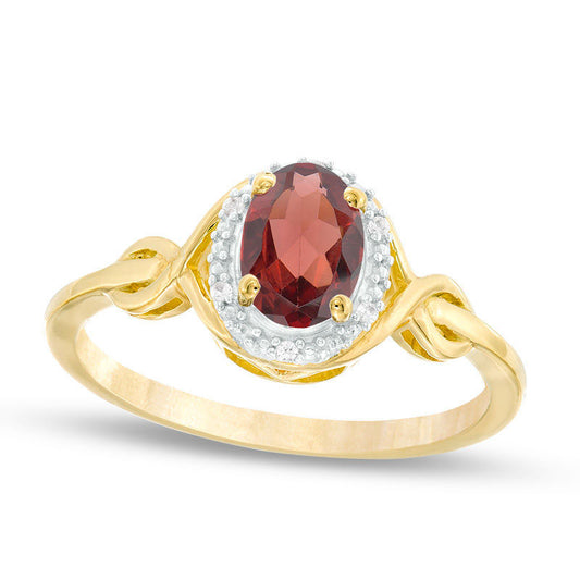 Oval Garnet and Natural Diamond Accent Twist Ring in Solid 10K Yellow Gold
