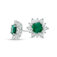 5.0mm Lab-Created Emerald and White Sapphire Sunburst Stud Earrings in Sterling Silver