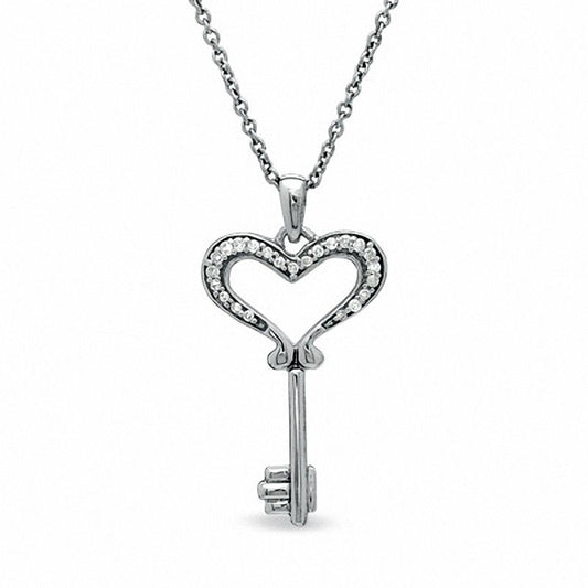 0.05 CT. T.W. Natural Diamond Small Heart Key Pendant in Sterling Silver