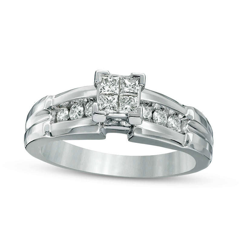 0.75 CT. T.W. Quad Natural Diamond Comfort Fit Wedding Ensemble in Solid 14K White Gold - Size 7 and 10.5